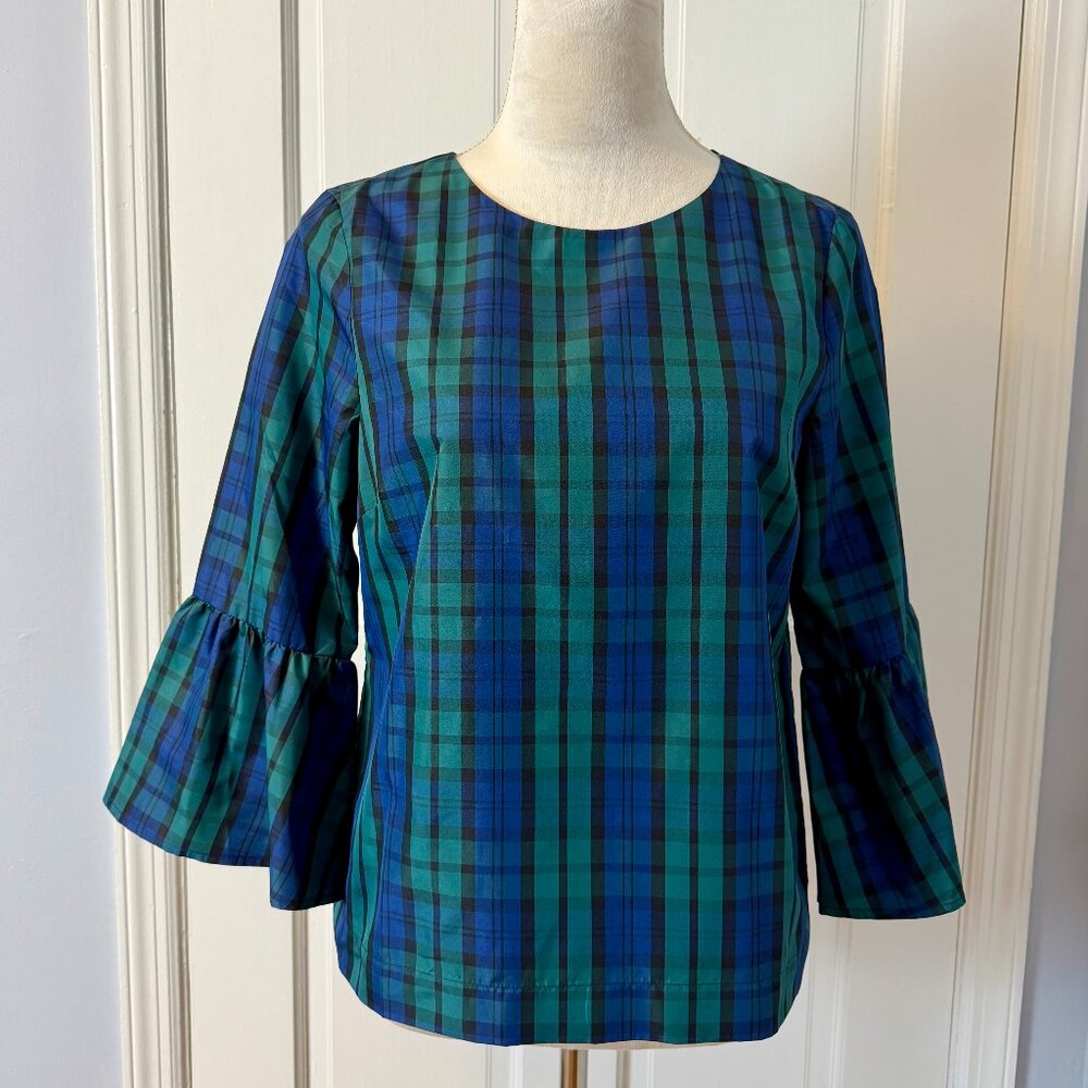 NWT Vineyard Vines Navy Blue Green Blackwatch Plaid Flutter Sleeve Top Size 2